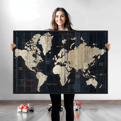 Push Pin World Map Canvas Print – Framed Wall Art for Couples to Track Their Travels – Anniversary Gift or Home Adventure Decor
