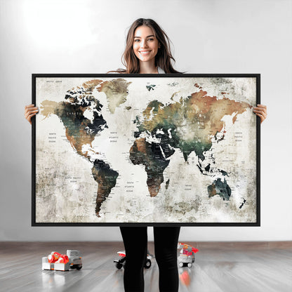 Push Pin World Map Canvas Print – Framed Wall Art for Couples to Track Their Travels – Anniversary Gift or Home Adventure Decor