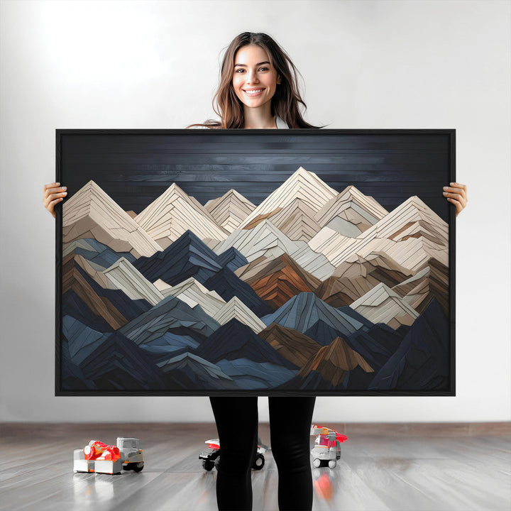 Rustic Mountain Landscape Wall Art Print - Wooden 3D Effect Mountain Canvas Print