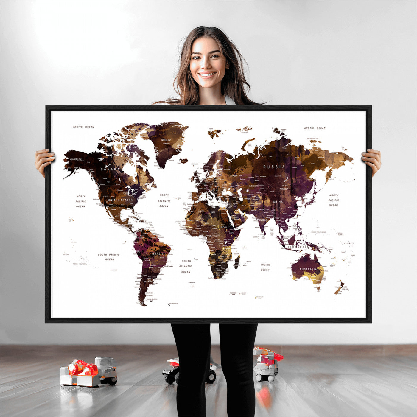 Push Pin World Map Canvas Print – Framed Wall Art for Couples to Track Their Travels – Anniversary Gift or Home Adventure Decor