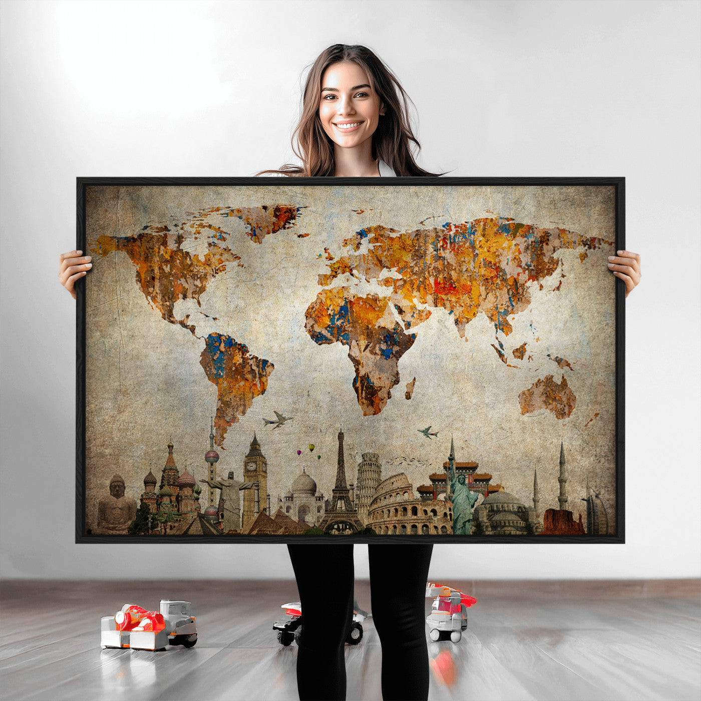 Push Pin World Map Canvas Print – Framed Wall Art for Couples to Track Their Travels – Anniversary Gift or Home Adventure Decor