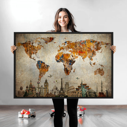 Push Pin World Map Canvas Print – Framed Wall Art for Couples to Track Their Travels – Anniversary Gift or Home Adventure Decor