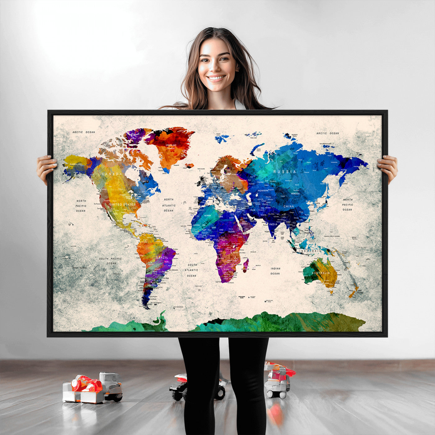 Push Pin World Map Canvas Print – Framed Wall Art for Couples to Track Their Travels – Anniversary Gift or Home Adventure Decor