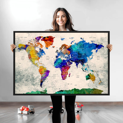 Push Pin World Map Canvas Print – Framed Wall Art for Couples to Track Their Travels – Anniversary Gift or Home Adventure Decor