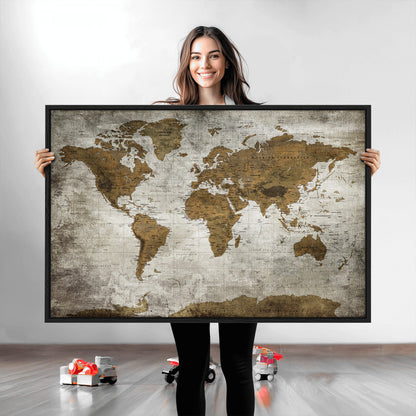 Push Pin World Map Canvas Print – Framed Wall Art for Couples to Track Their Travels – Anniversary Gift or Home Adventure Decor