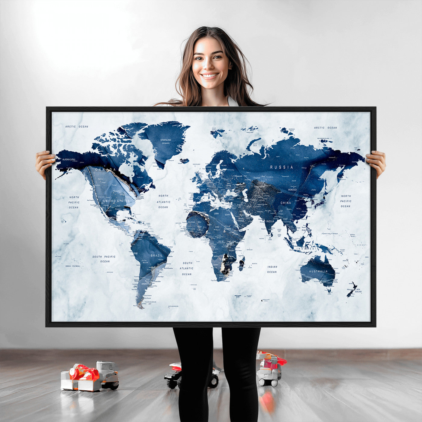 Push Pin World Map Canvas Print – Framed Wall Art for Couples to Track Their Travels – Anniversary Gift or Home Adventure Decor