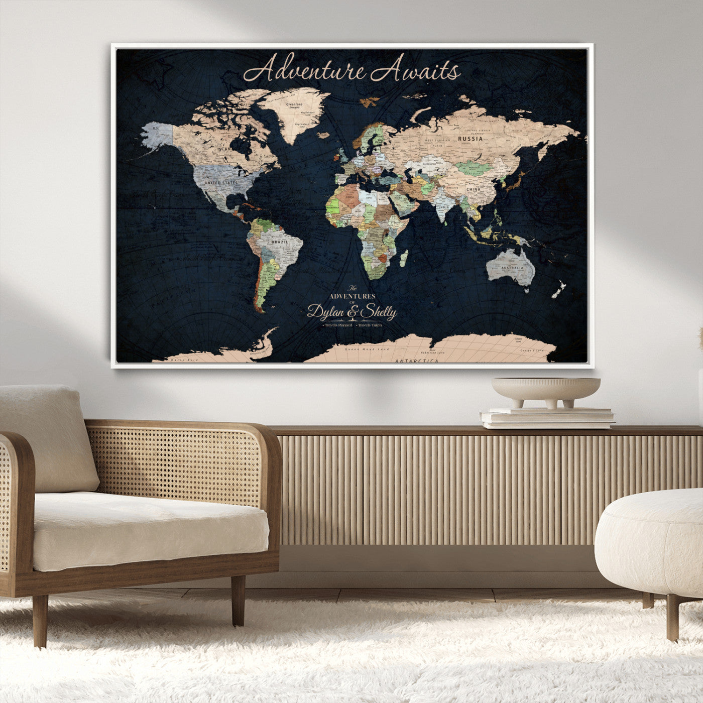 43186793-MGV-CV-30X20-Personalized World Map Print, Customizable Push Pin Framed World Map Print on Canvas - Custom Quote on Map Print
