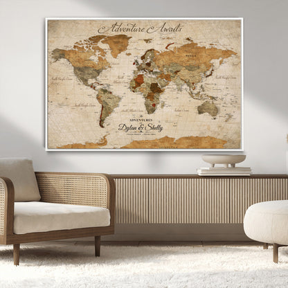 20810820-MGV-CV-30X20-Personalized World Map Print, Customizable Push Pin Framed World Map Print on Canvas - Custom Quote on Map Print