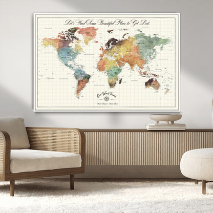 29289638-MGV-CV-36X24-Personalized World Map Print - Customizable Push Pin Framed World Map Print on Canvas - Custom Quote on Map Print