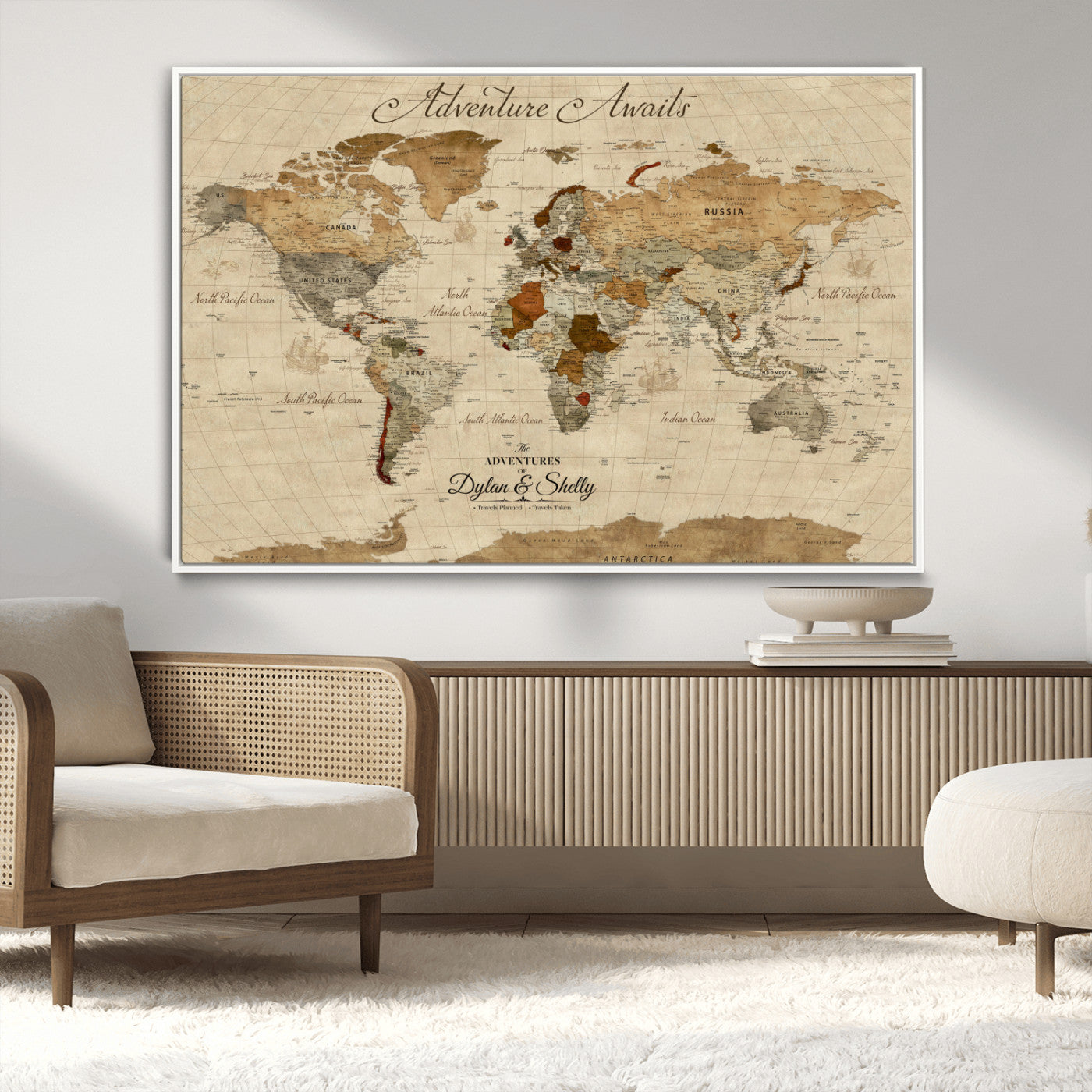 29054239-MGV-CV-36X24-Personalized World Map Print - Customizable Push Pin Framed World Map Print on Canvas - Custom Quote on Map Print