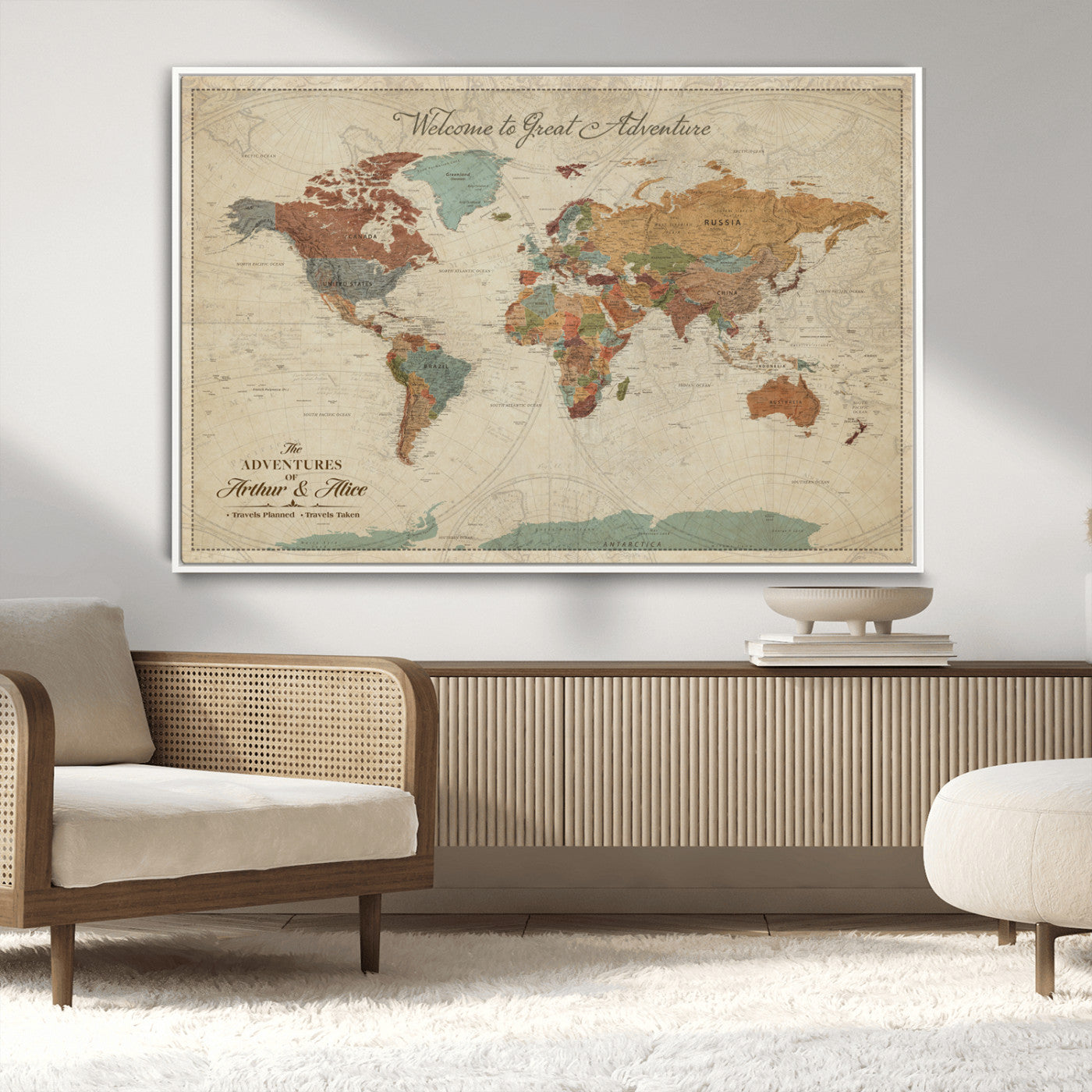 54152425-MGV-FC-36X24_White-Custom Push Pin World Map Wall Canvas Print – Personalized Travel Tracker with Pins – Framed Custom Map Quotie Canvas for Home Office Decor