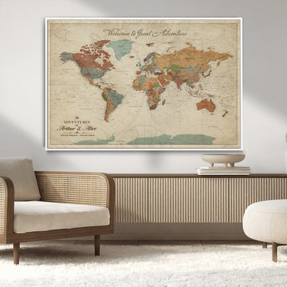 54152425-MGV-FC-36X24_White-Custom Push Pin World Map Wall Canvas Print – Personalized Travel Tracker with Pins – Framed Custom Map Quotie Canvas for Home Office Decor