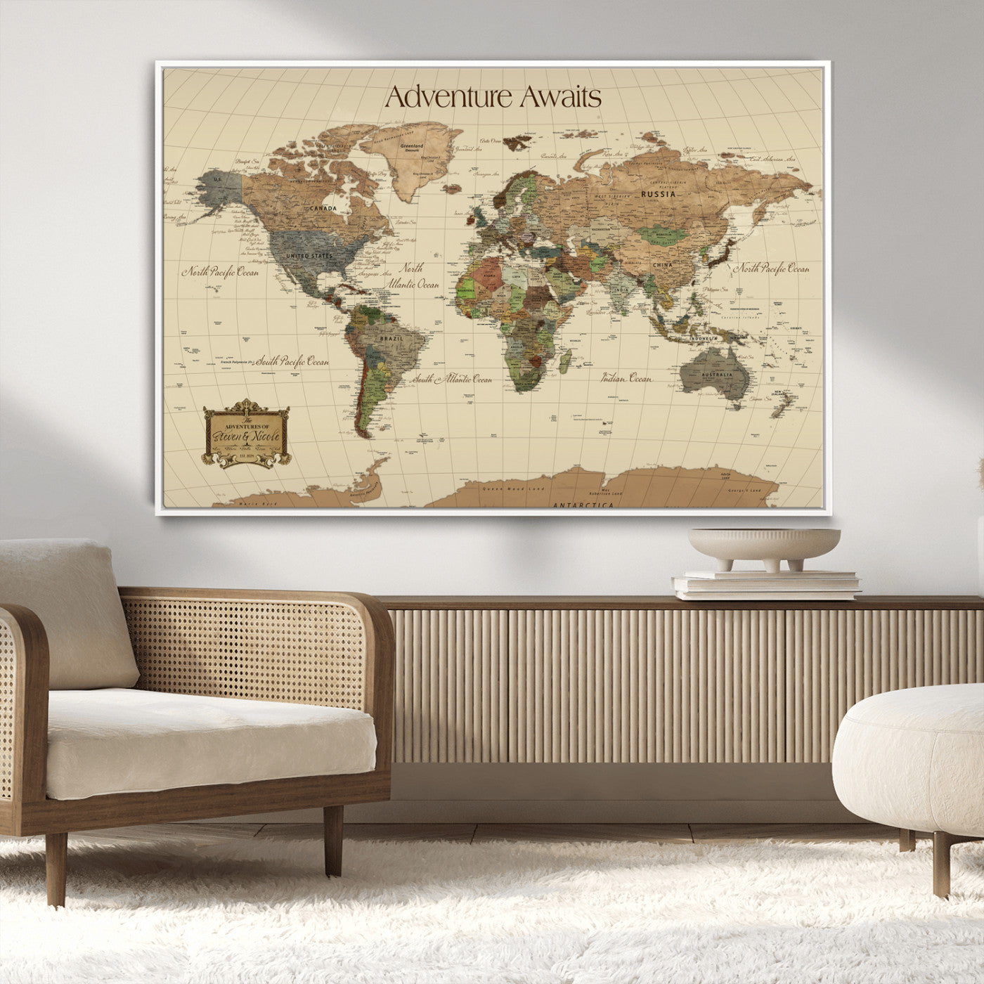 74480507-MGV-FC-36X24_White-Custom Push Pin World Map Wall Canvas Print – Personalized Travel Tracker with Pins – Framed Custom Quotie Canvas for Home Office Decoration