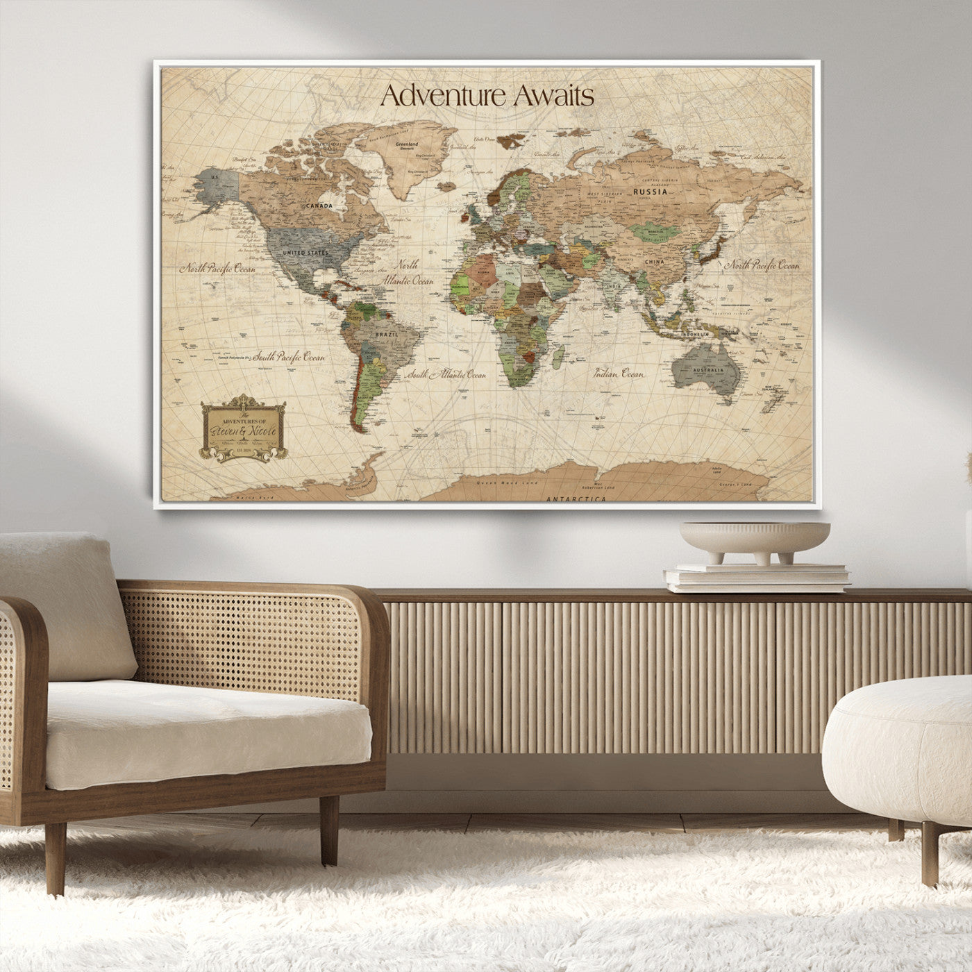 33020399-MGV-FC-30X20_White-Custom Push Pin World Map Wall Canvas Print – Personalized Travel Tracker with Pins – Framed Custom Quotie Canvas for Home Office Decor
