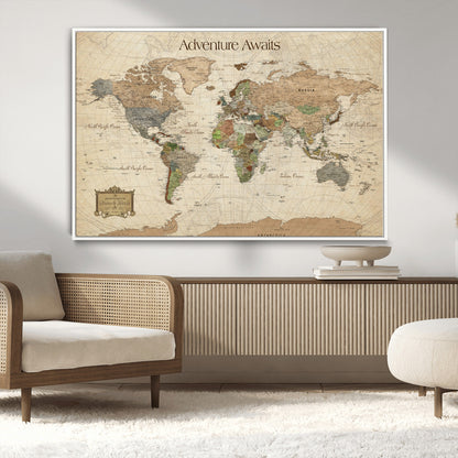 33020399-MGV-FC-30X20_White-Custom Push Pin World Map Wall Canvas Print – Personalized Travel Tracker with Pins – Framed Custom Quotie Canvas for Home Office Decor