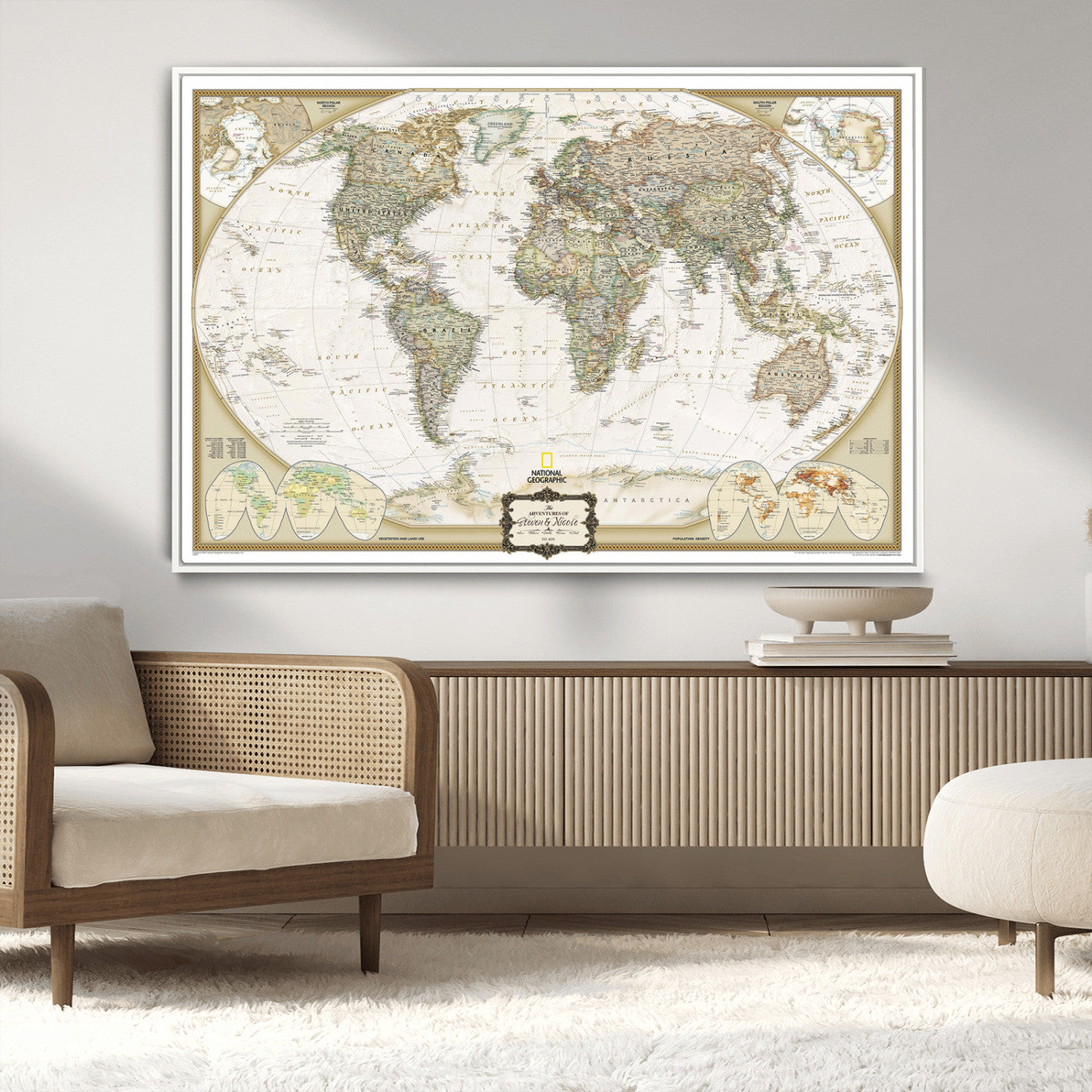 Custom Push Pin World Map Wall Art Canvas Print – Personalized National Geopraphic Map for Travel Plan – Framed Customize Animal Map for Stady Room Decor