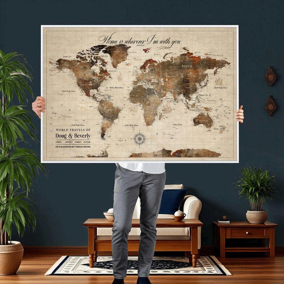 Large Custom Framed Beige Vintage World Travel Map Wall Art with Pins, Couples Countries Visited Map, Living Room and Hallway Decor