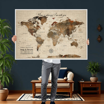 Large Custom Framed Beige Vintage World Travel Map Wall Art with Pins, Couples Countries Visited Map, Living Room and Hallway Decor