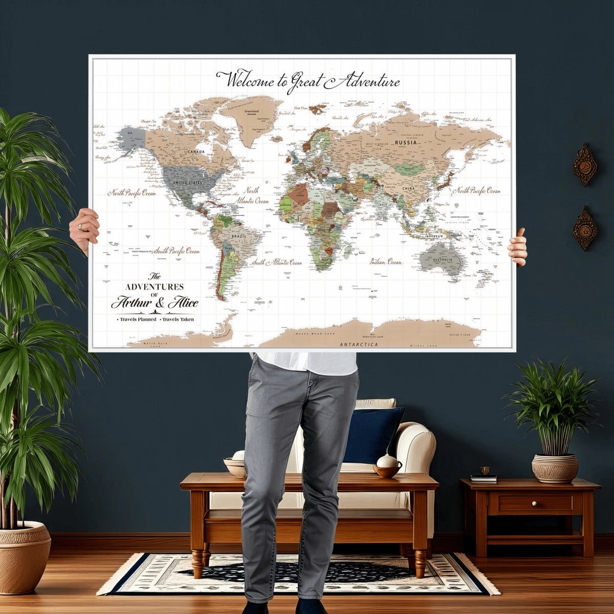85396539-MGV-CV-36X24 - Custom Beige Push Pin World Map Wall Art, Bucket List Map, Study and Hallway Decor
