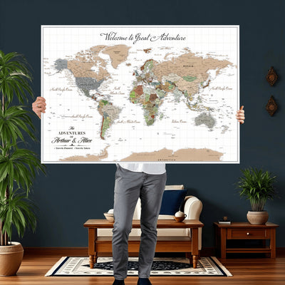 85396539-MGV-CV-36X24 - Custom Beige Push Pin World Map Wall Art, Bucket List Map, Study and Hallway Decor