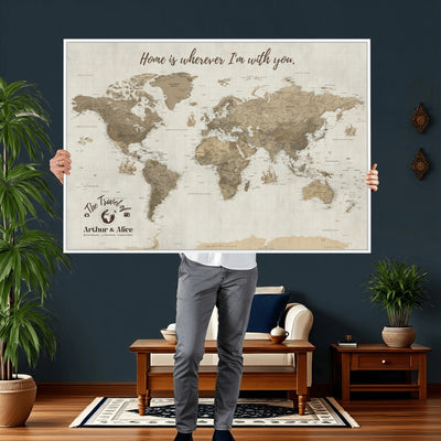 Custom Beige Geometric World Map Canvas with Push Pins, Honeymoon and Anniversary Gift, Dining Room and Hallway Decor