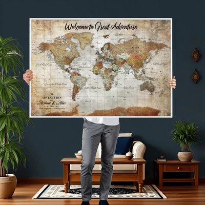 Personalized Beige Push Pin World Map Wall Art, Bucket List Map, Living Room and Family Room Decor