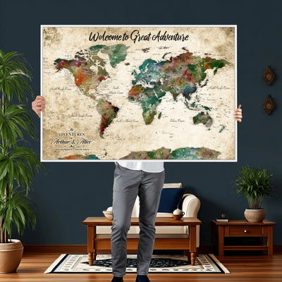 Personalized Beige Grunge World Map Canvas with Push Pins, Next Trip Planner Map, Family Room and Home Office Decor