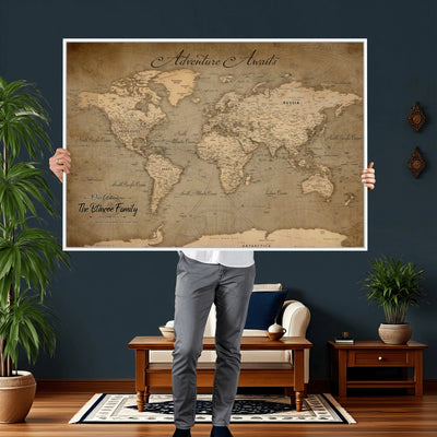 Personalized Framed Beige World Travel Map Wall Art with Pins, Family Travel Tracker, Family Room and Entryway Decor