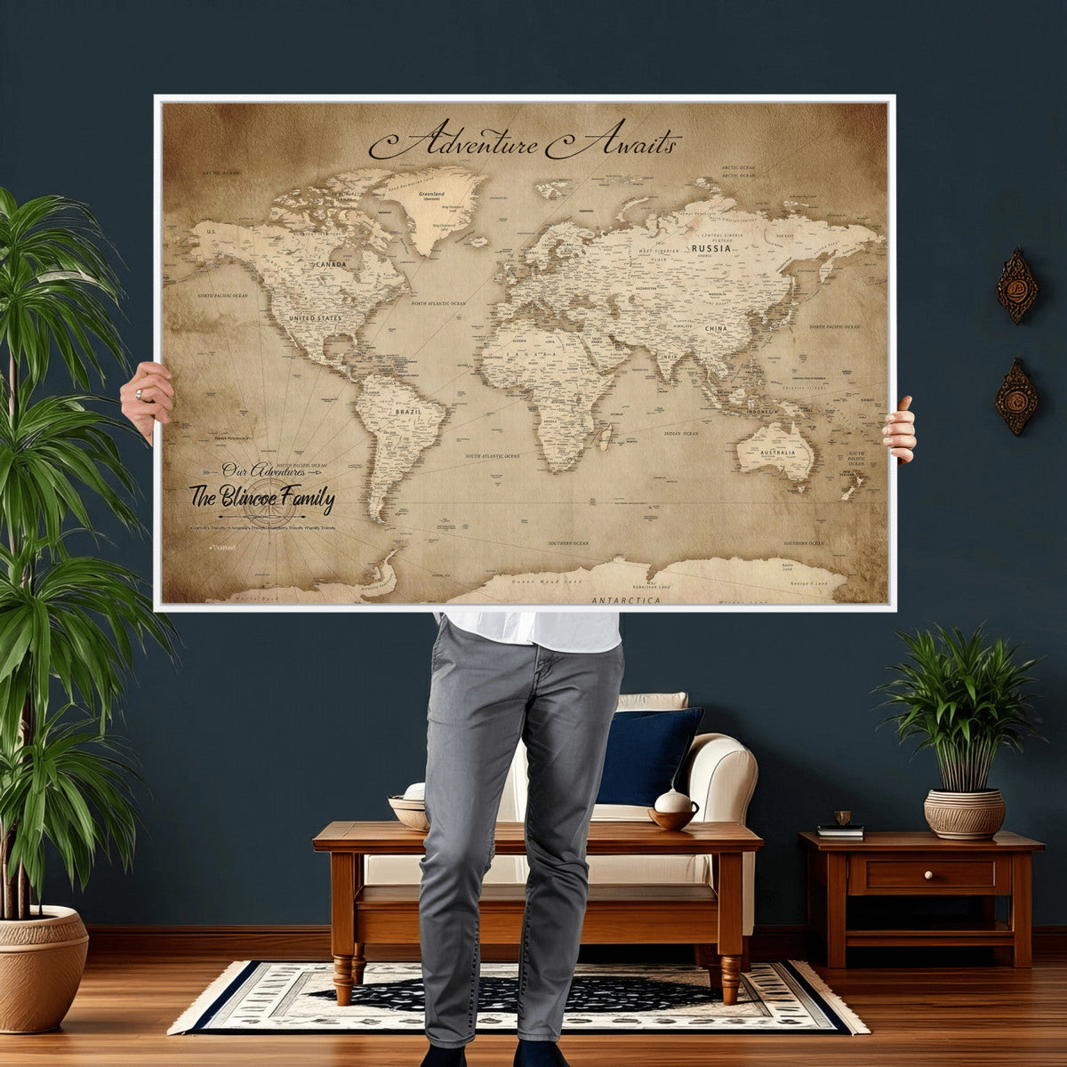 Personalized Black Modern Push Pin World Map Wall Art, Places Visited Tracker, Family Room and Bedroom Decor