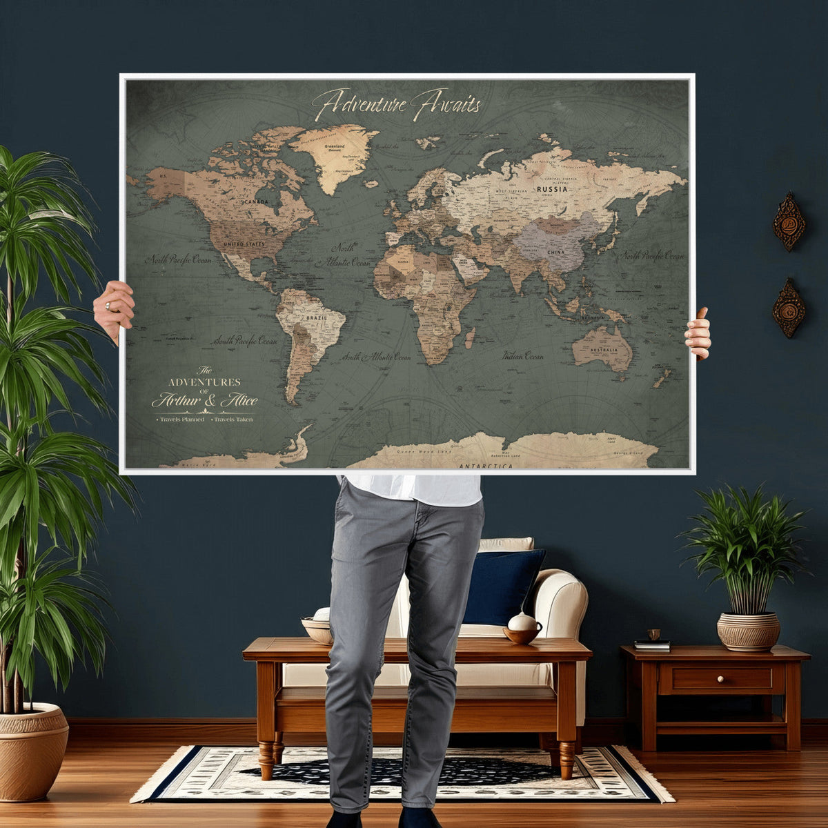 Personalized Framed Beige Modern World Map Canvas with Push Pins, Bucket List Map, Family Room and Dining Room Decor