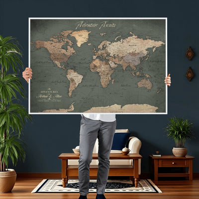 Personalized Framed Beige Modern World Map Canvas with Push Pins, Bucket List Map, Family Room and Dining Room Decor