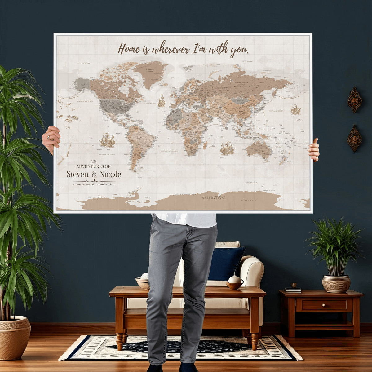 Personalized Push Pin Travel Map Canvas Print, Honeymoon and Anniversary Gift, Family Room and Hallway Decor
