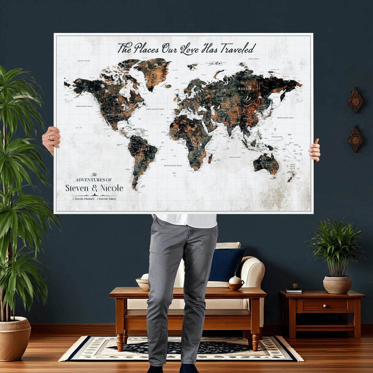 Personalized Beige Push Pin World Map Canvas Print, Honeymoon and Anniversary Gift, Living Room and Dining Room Decor