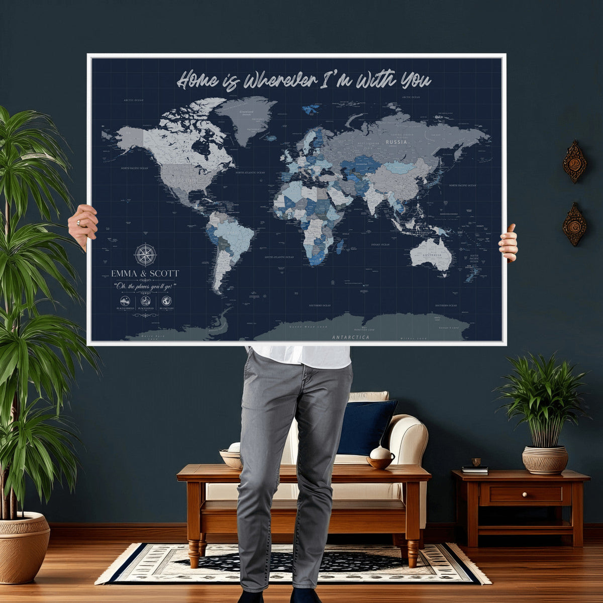 NEWMAP-18-MGV-CV-36X24 - Custom Push Pin World Map Wall Art Canvas Print | Personalized Travel Tracker with Pins Framed Large Print - NEWMAP-18
