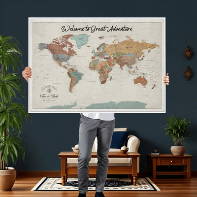 Custom Beige Push Pin World Map Canvas Print, Bucket List Map, Dining Room and Home Office Decor