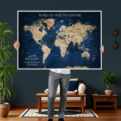 35296308-MGV-CV-36X24 - Custom Push Pin World Map Wall Art Canvas Print | Personalized Travel Tracker with Pins Framed Large for Home and Office Decor