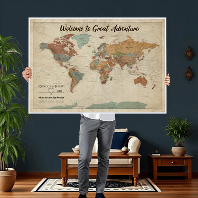 Large Personalized Beige Minimalist Push Pin World Map Wall Art, Next Trip Planner Map, Bedroom and Home Office Decor