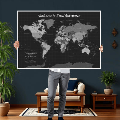 Custom Framed Navy Vintage World Map Canvas with Push Pins, Next Trip Planner Map, Entryway and Hallway Decor