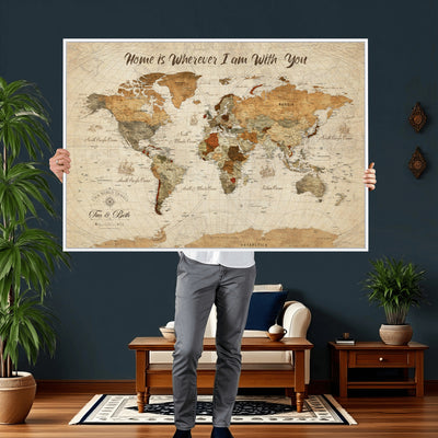 Personalized Framed Black Modern Push Pin World Map Wall Art, Couples Countries Visited Map, Dining Room and Hallway Decor