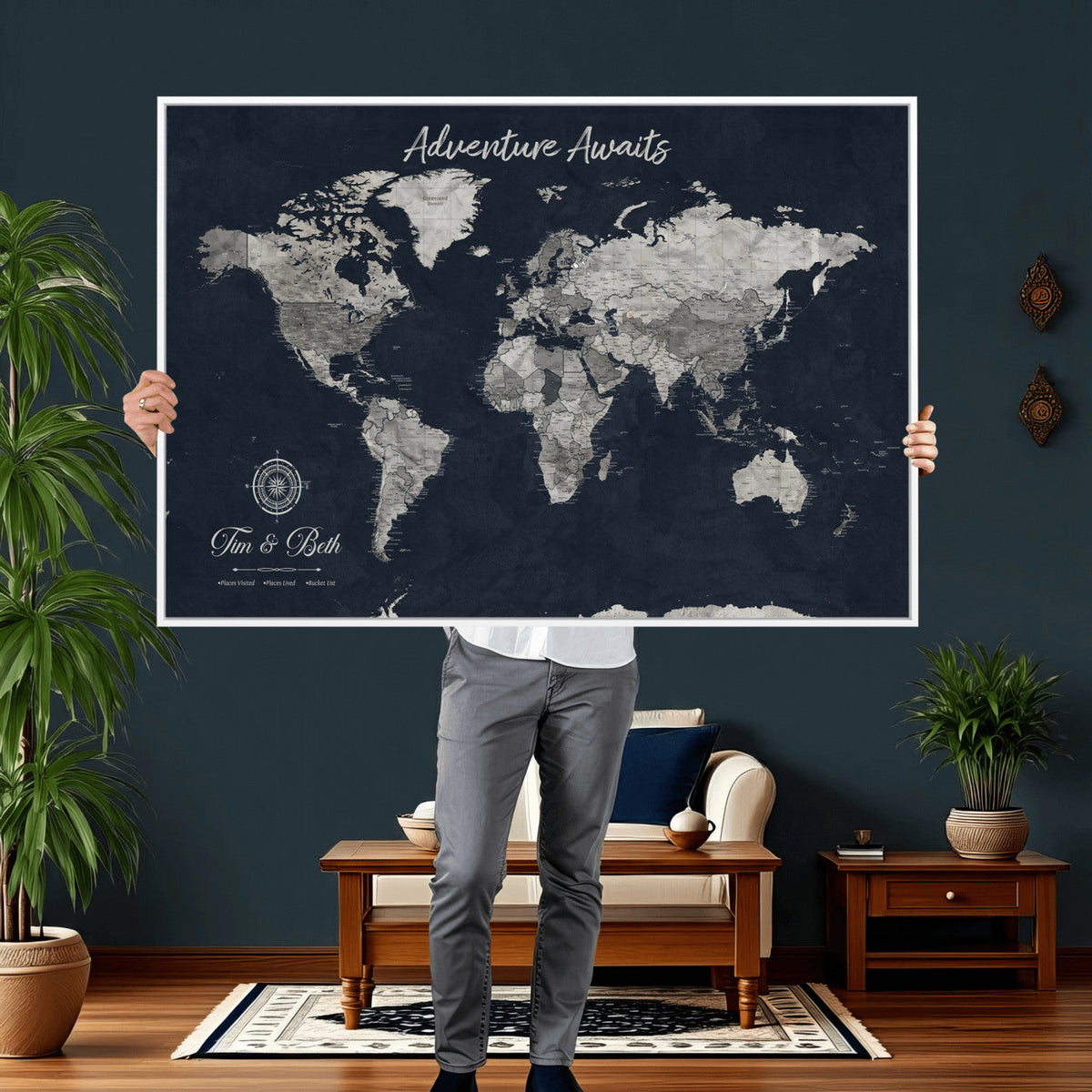 Personalized Framed Beige Vintage Push Pin World Map Wall Art, Bucket List Map, Study and Hallway Decor