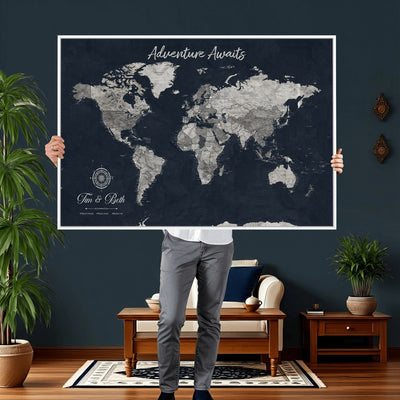 Personalized Framed Beige Vintage Push Pin World Map Wall Art, Bucket List Map, Study and Hallway Decor