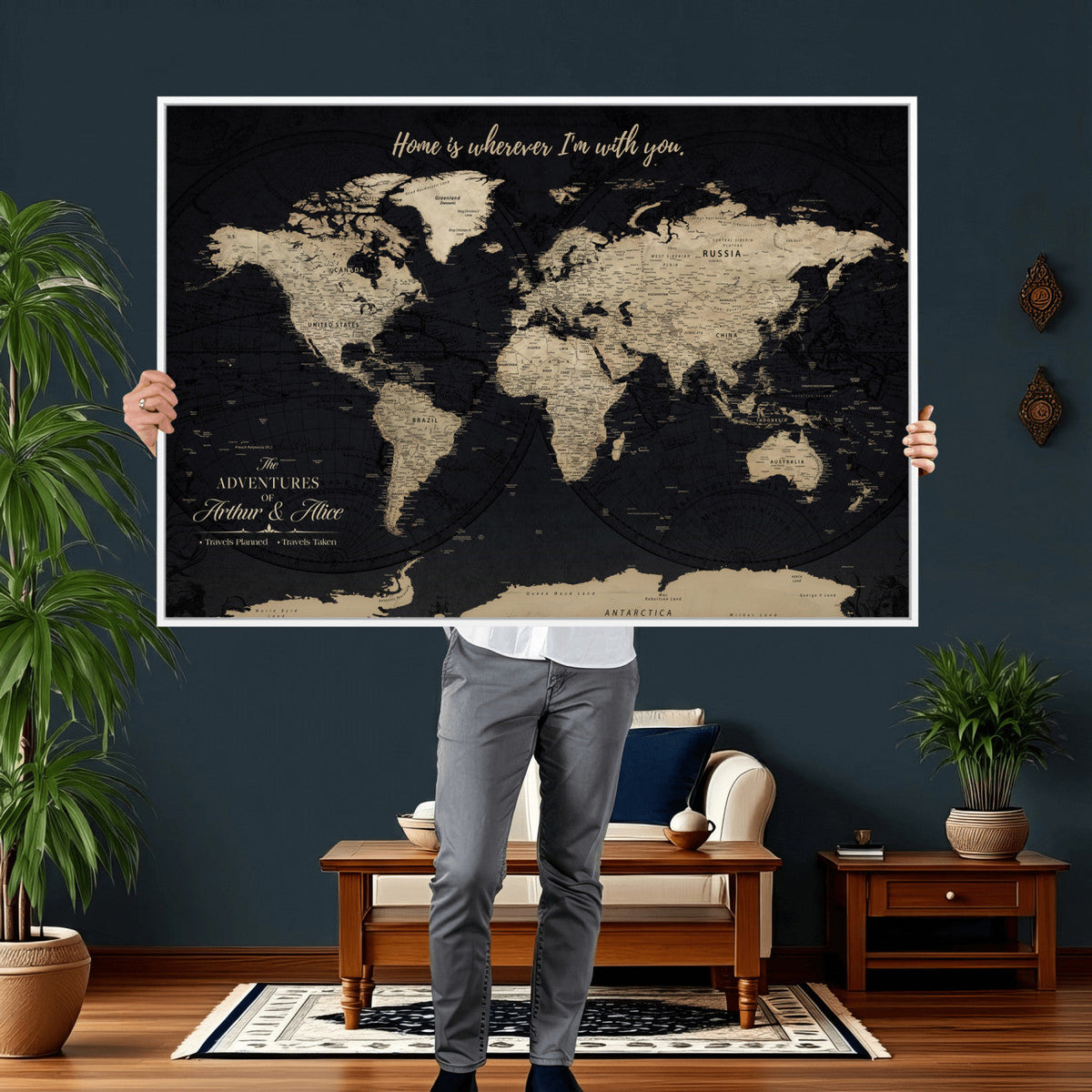 Personalized Framed Beige Modern Push Pin World Map Canvas Print, Places Visited Tracker, Family Room and Bedroom Decor