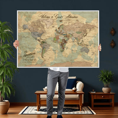 Personalized Framed Navy Vintage Push Pin World Map Wall Art, Places Visited Tracker, Bedroom and Hallway Decor