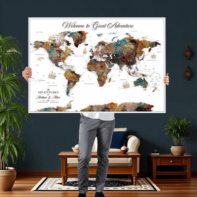 Custom Framed Beige Modern Push Pin World Map Wall Art, Couples Countries Visited Map, Study and Entryway Decor