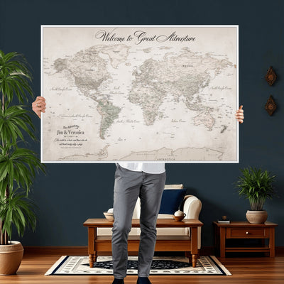 84311132-MGV-CV-36X24 - Personalized Beige World Map Canvas with Push Pins, Places Visited Tracker, Family Room and Entryway Decor
