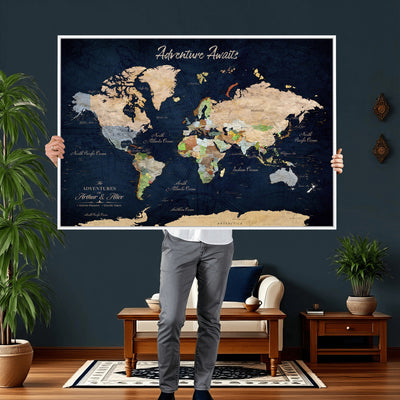 Personalized Beige Antique Push Pin Travel Map Canvas Print, Bucket List Map, Dining Room and Entryway Decor