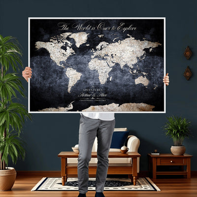 Personalized Beige Modern Push Pin Travel Map Canvas Print, Places Visited Tracker, Study and Entryway Decor