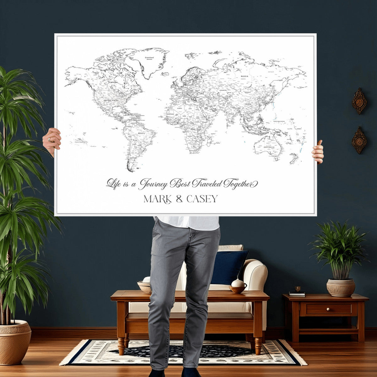 Personalized Framed Beige Modern Push Pin Travel Map Canvas Print, Couples Countries Visited Map, Living Room and Family Room Decor