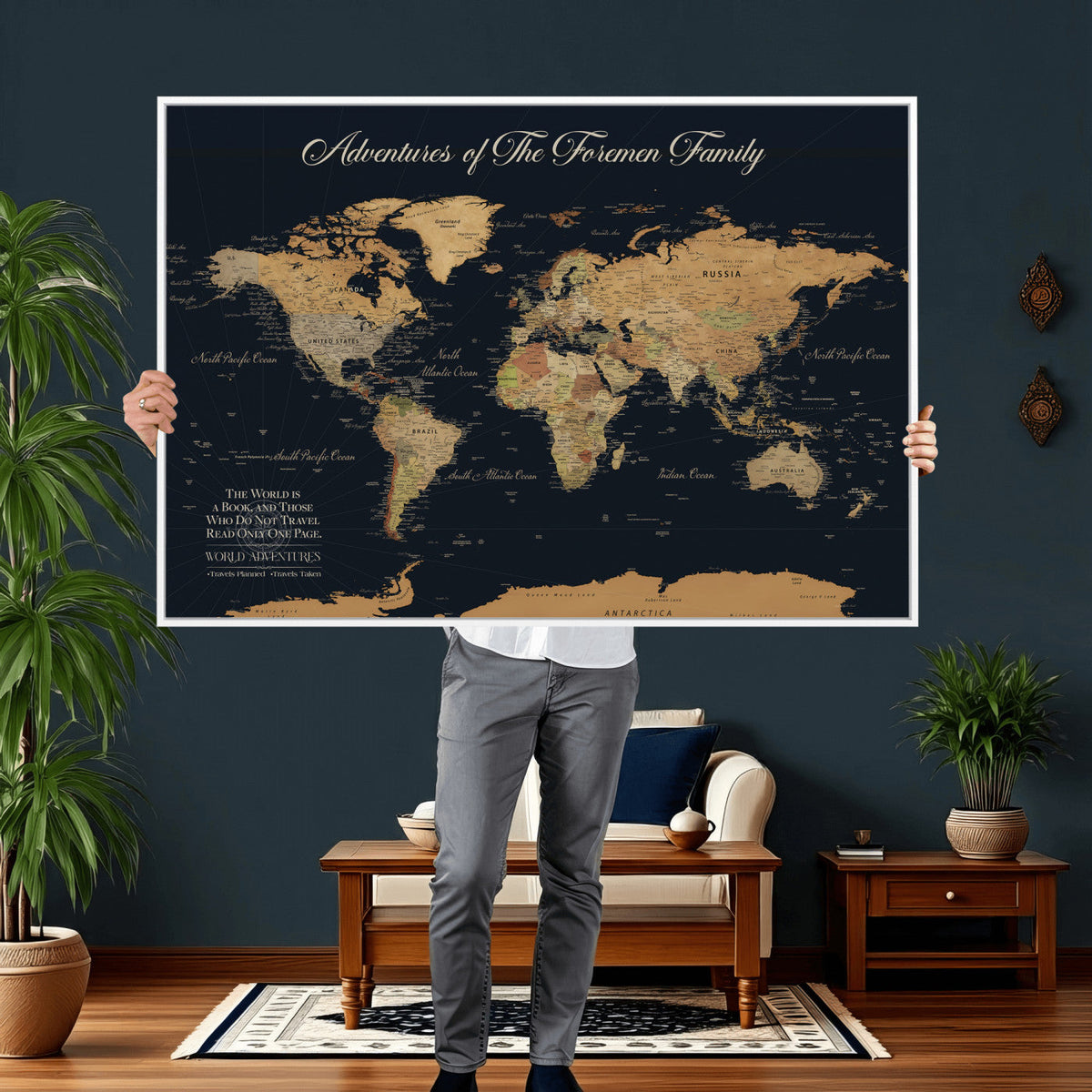 Personalized White Minimalist World Travel Map Wall Art with Pins, Places Visited Tracker, Entryway and Hallway Decor
