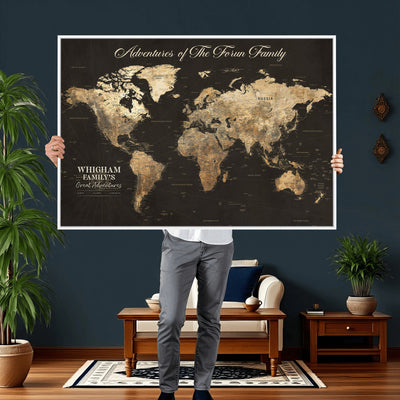 Personalized Framed Beige World Travel Map Wall Art with Pins, Couples Countries Visited Map, Family Room and Dining Room Decor